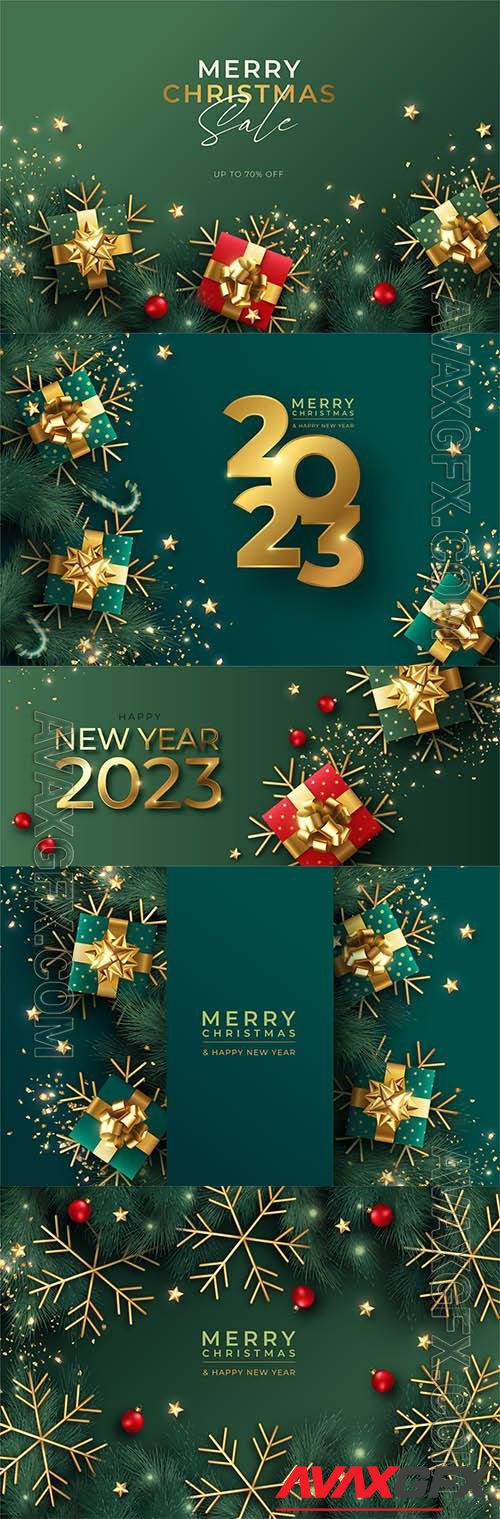 2023 Christmas background with winter nature and ornaments