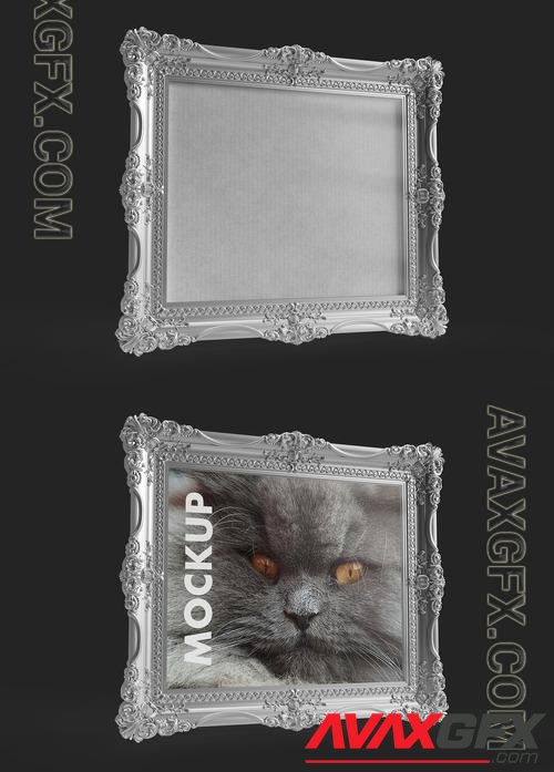 AdobeStock - Simply Beautiful Silver and Ornamented Frame Mockup on a Dark Background 503738826