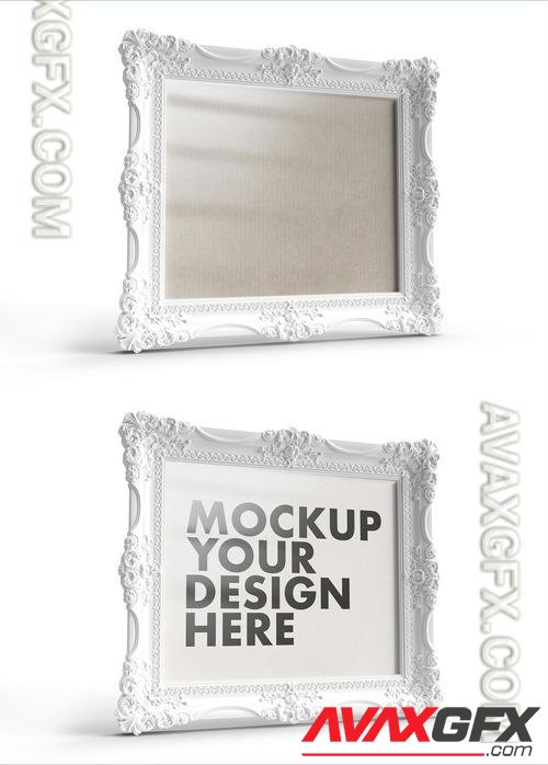 AdobeStock - Simply Beautiful and Ornamented White Frame Mockup on a White Background 503738827