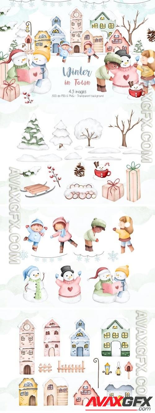 Winter in Town Watercolor Clipart Q94M55P