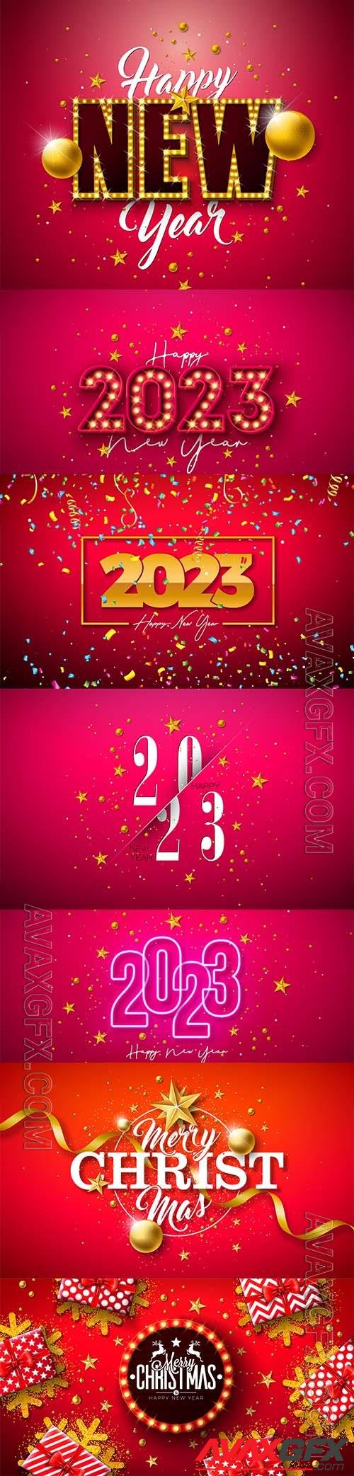 Merry christmas and happy new year 2023 illustration with gold glass ball