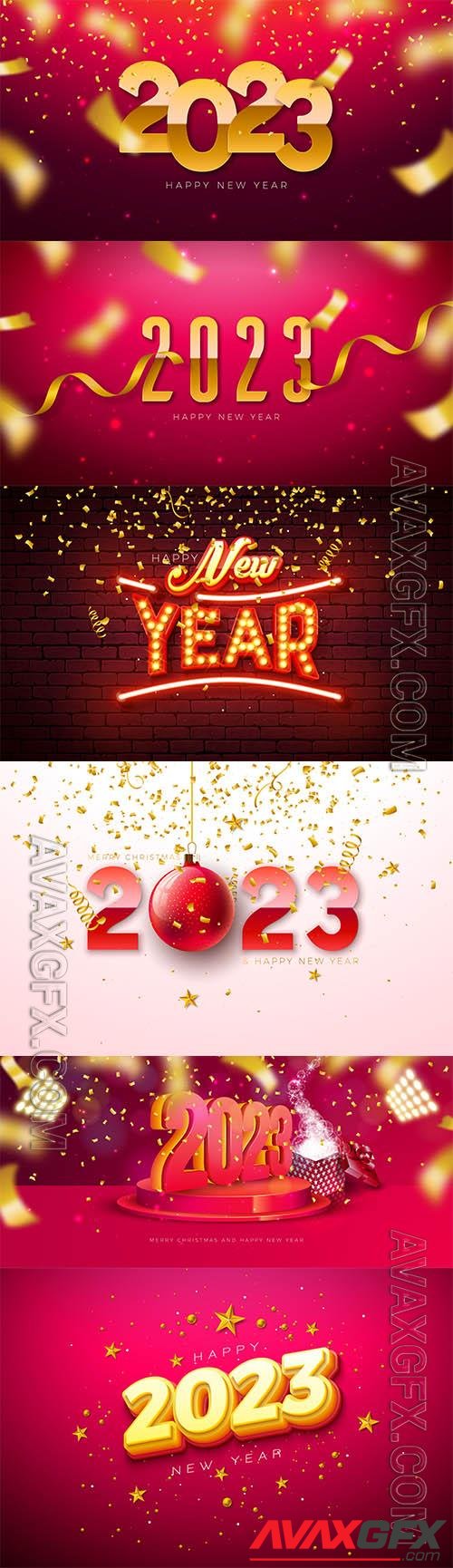 Happy new year 2023 illustration with glowing light bulb number and gold star