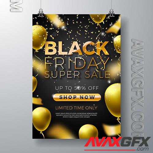 Black friday sale illustration with golden lettering and party balloon on dark background