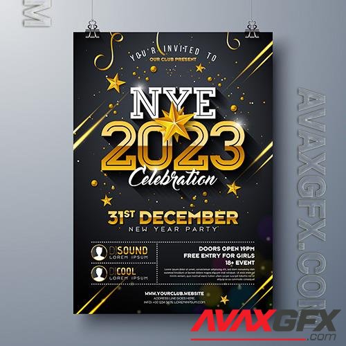 2023 new year party celebration poster template design with shiny gold number on black background