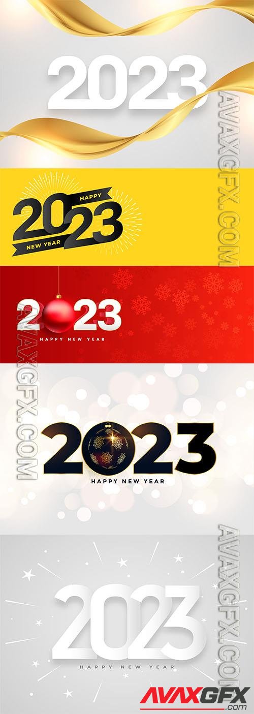 Happy new year 2023 holiday card with golden ribbon