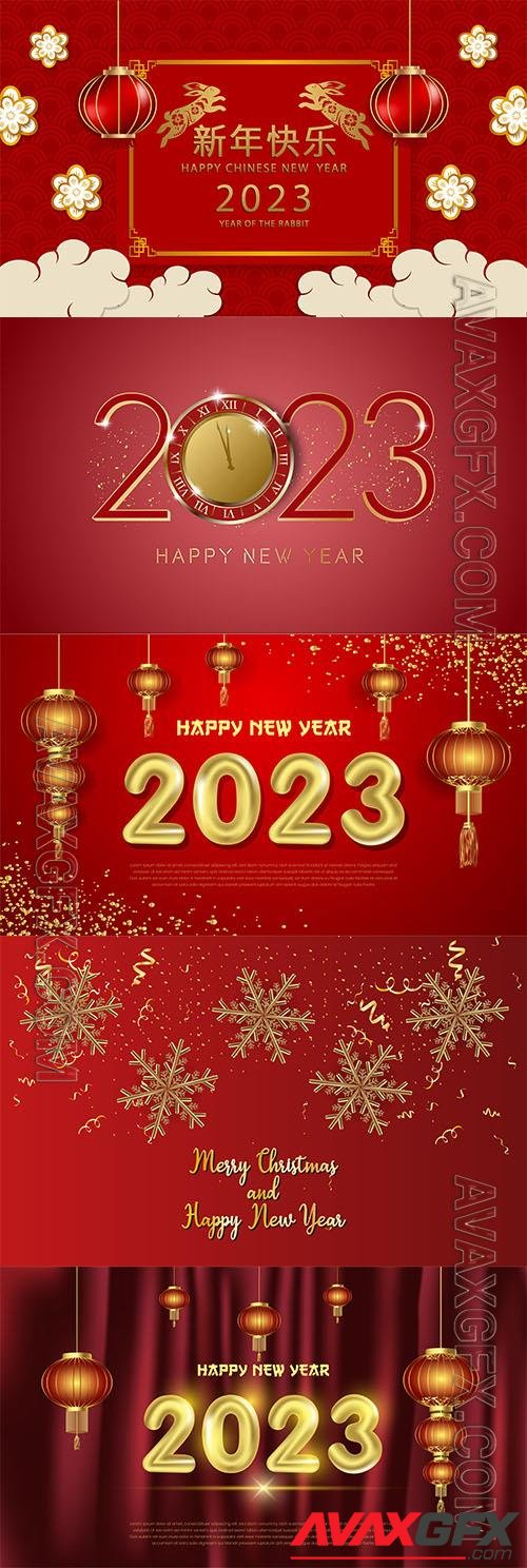Happy new year 2023 vector with 3d gold number and red curtain background