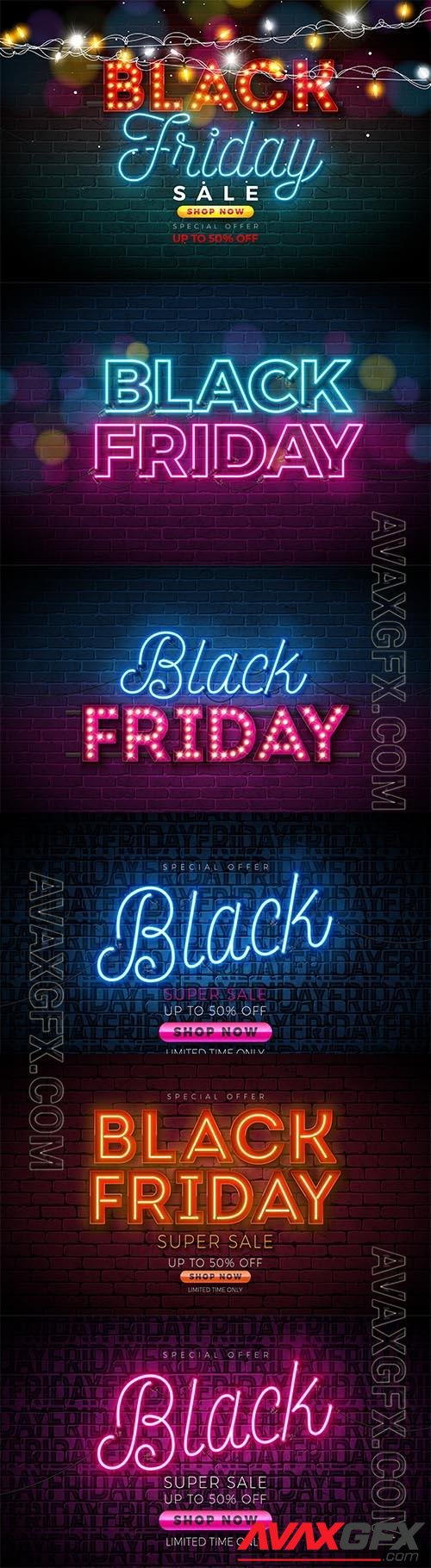 Neon black friday sale illustration with 3d lettering vector