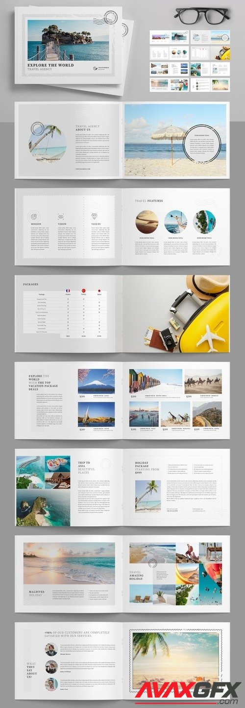 AdobeStock - Travel Agency Brochure Layout with Postage Stamps Elements 512851429