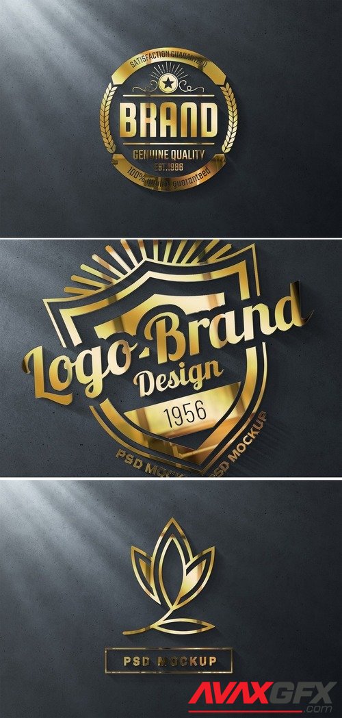 AdobeStock - Gold Logo Mockup on Dark Wall with 3D Glossy Effect 427281871