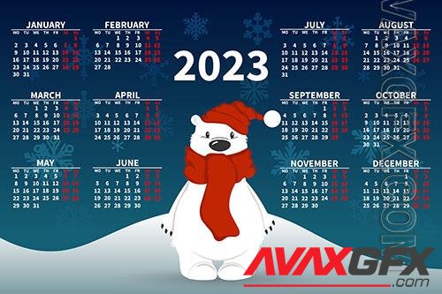 Yearly calendar 2023 with a cute polar bear on the background of a snowy landscape illustration