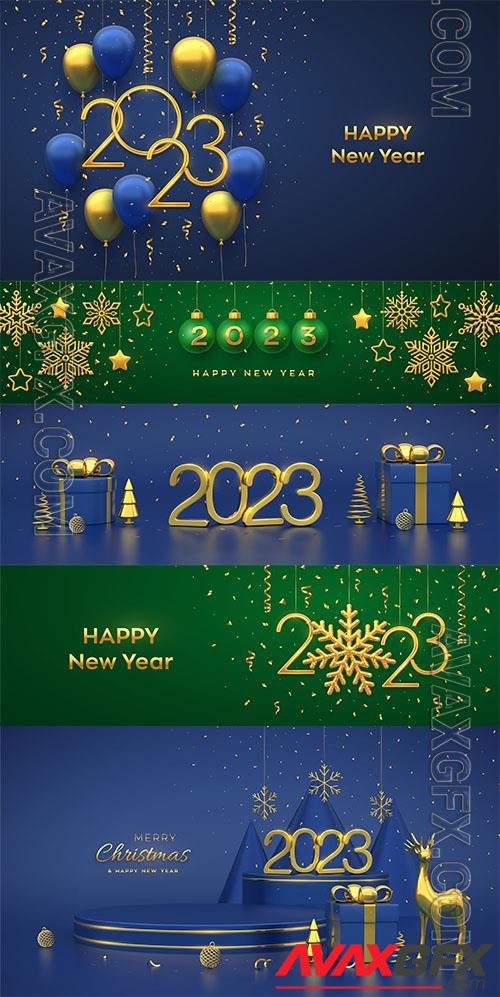 Happy new year 2023 hanging green christmas bauble balls with realistic golden 3d numbers