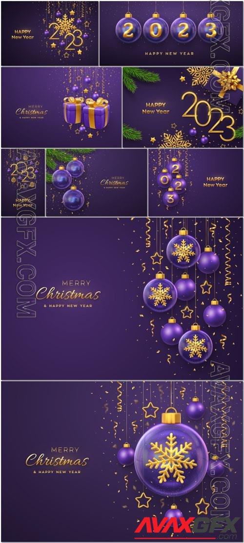 Merry christmas greeting card or banner hanging transparent glass balls pine branches on purple background