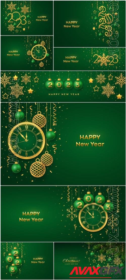 Christmas background with hanging golden snowflakes and green balls gold metallic stars confetti