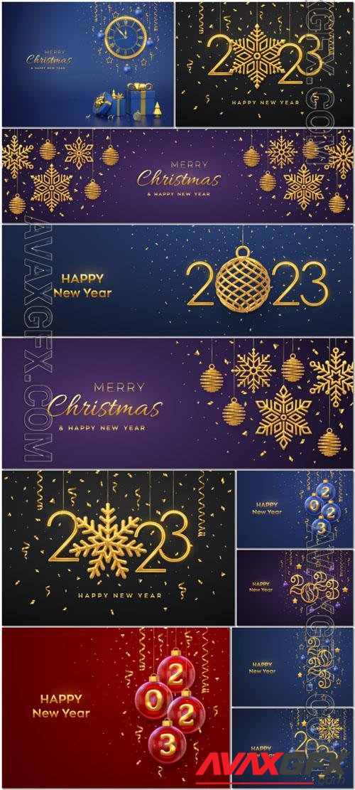 Vector happy new year 2023 hanging green christmas bauble balls with realistic golden 3d numbers 2023