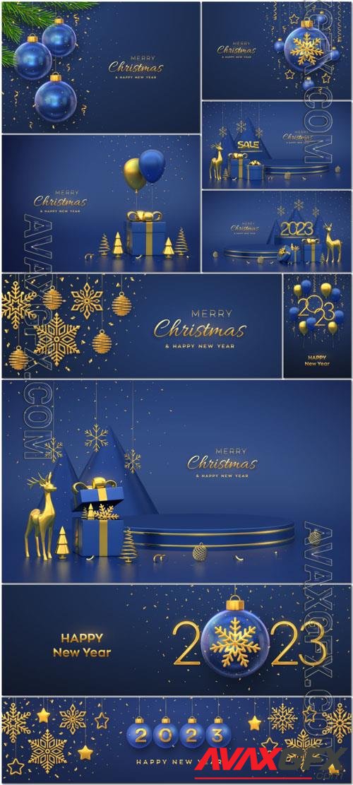 Vector christmas scene and 3d round platforms on blue background 3d golden numbers 2023