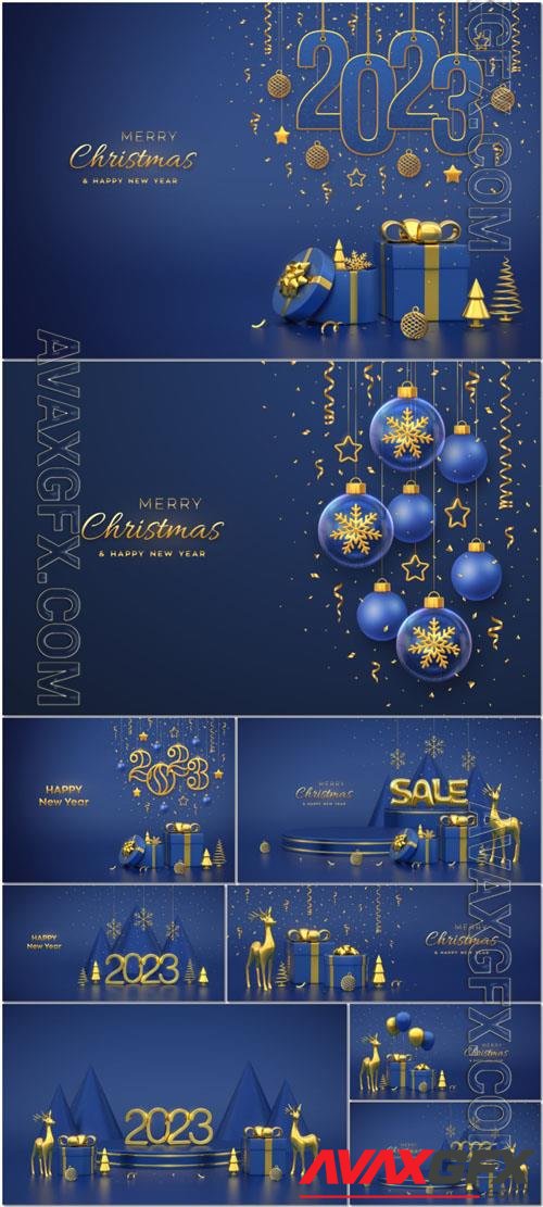 Happy new 2023 year hanging golden metallic numbers 2023 with shining snowflakes