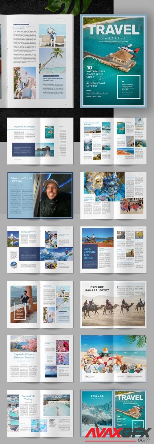 Adobestock - Travel Magazine Layout with Blue Accents 529501924