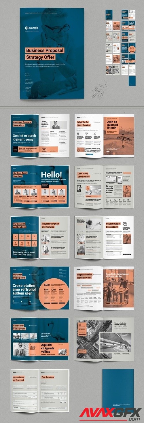 Adobestock - Business Proposal Layout in Dark Blue and Peach Accents 513594973