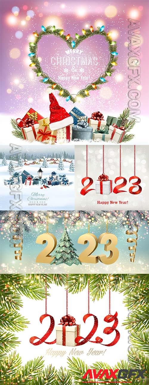 Vector merry christmas and happy new year background with a 2023 letters christmas abstract tree and glowing christmas tree lights vector