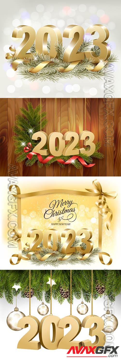 Vector merry christmas and happy new year background with a 2023 letters and branch of tree vector