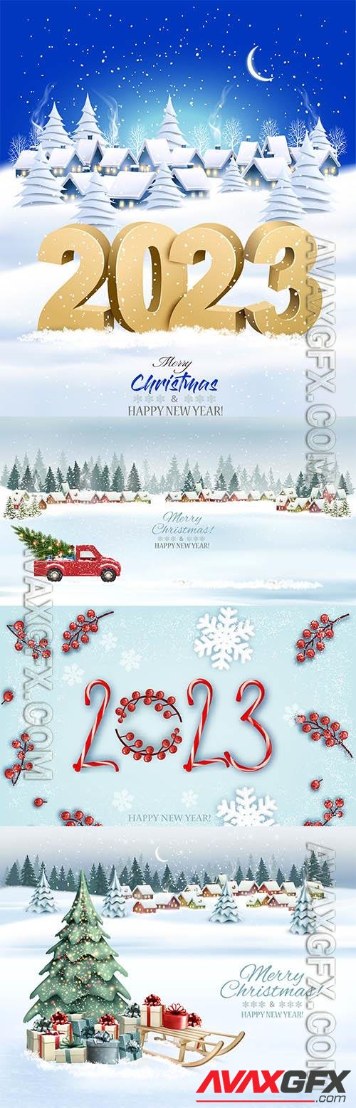 Vector holiday christmas winter background with a village landscape and 2023 litters vector