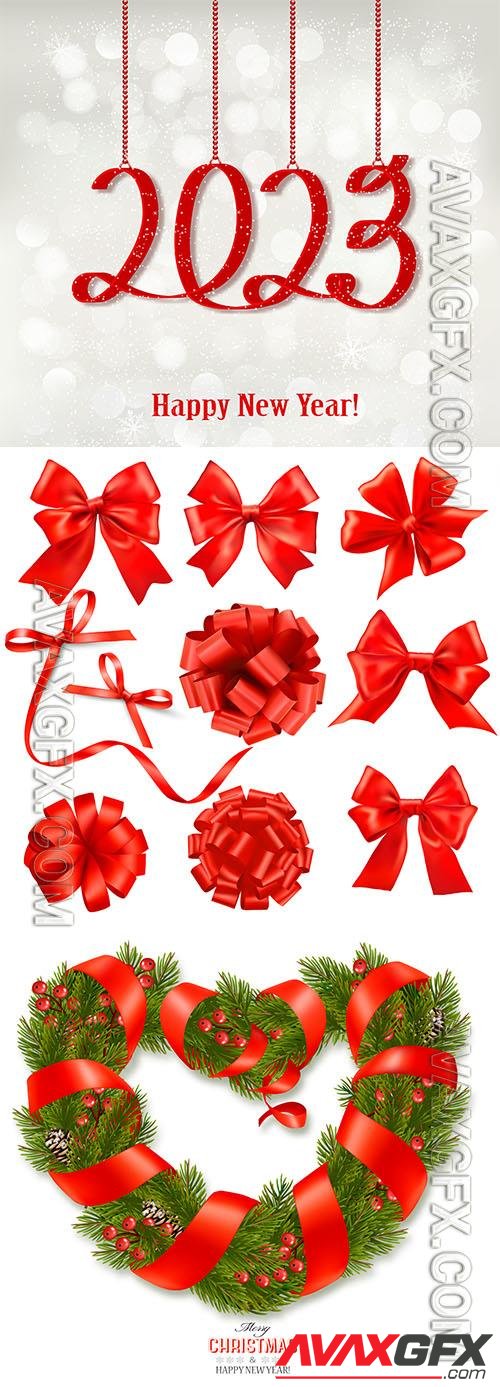 New Year 2023 and gift red bows and ribbons