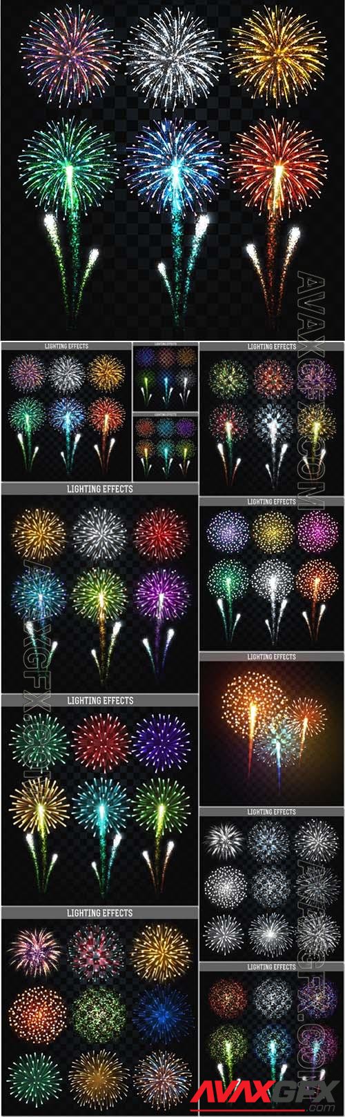 Vector fireworks set, realistic bright colorful salutes