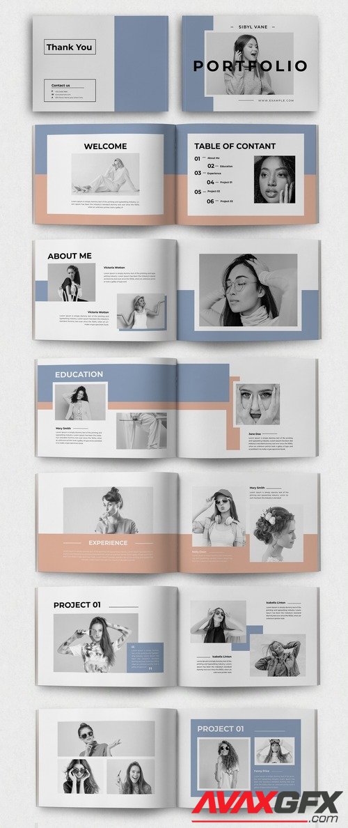 Adobestock - Portfolio or Lookbook Layout with Pink and Green Accents 513797698