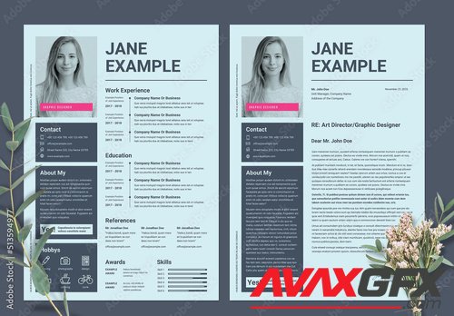 Adobestock - Resume and CV Layout in Pale Blue with Pink Accents 513594977