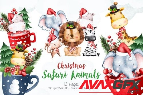 Watercolor Christmas Safari Animals Clipart PEXPHK9