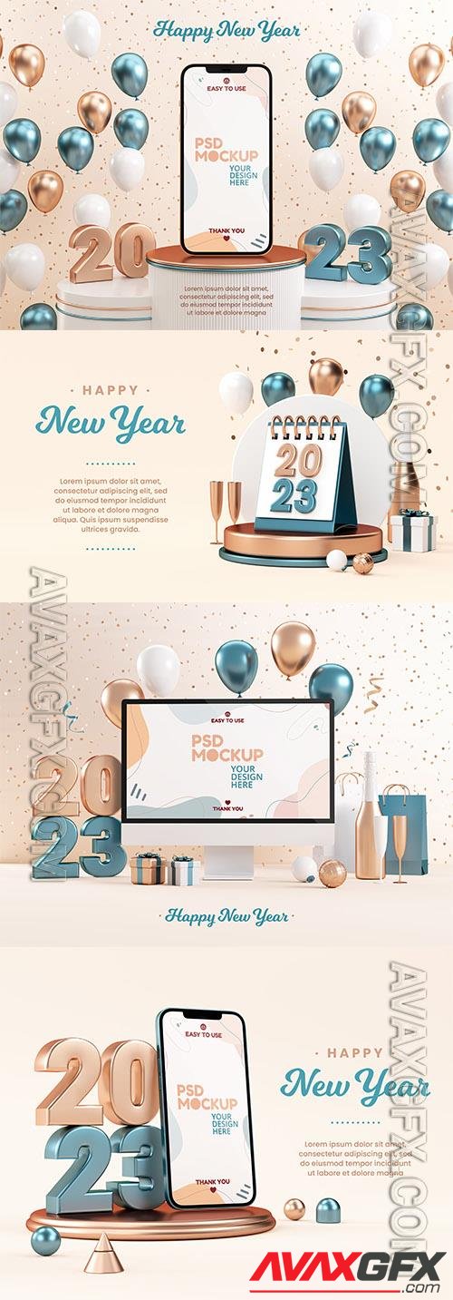 PSD new year 2023 card with numbers and christmas background in 3d render