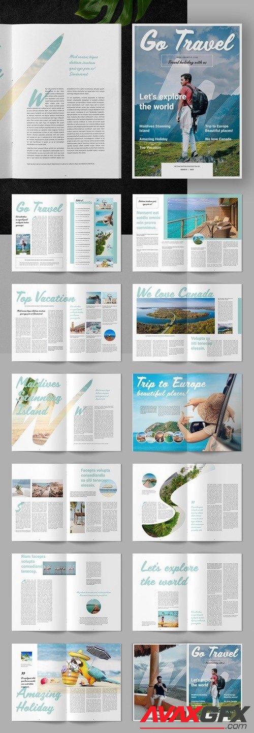 Adobestock - Travel Magazine Layout with Turquoise Accents 522339900