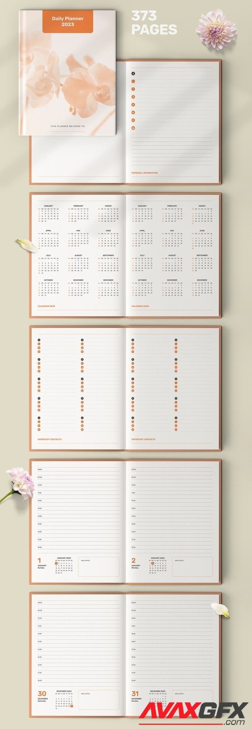 Adobestock - Daily Planner 2023 Layout with Orange Accents 522339888