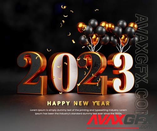 PSD realistic happy new year 2023 celebration banner or happy new years background template with balloon