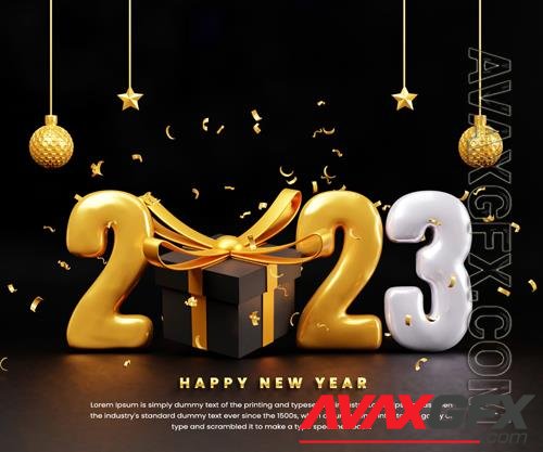 PSD realistic happy new year 2023 celebration banner or happy new year 3d text and giftbox