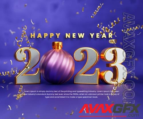 PSD realistic happy new year 2023 celebration banner or happy new year 3d text with christmas ball