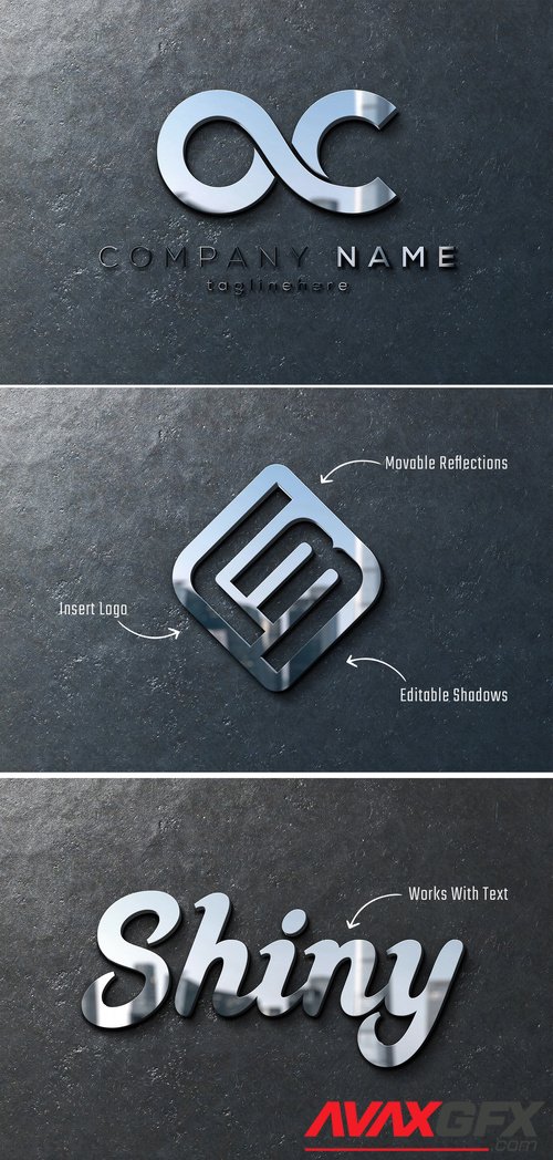 Adobestock - Glossy Metal Logo Mockup with 3D Reflection Effect on Metallic Wall 536182843
