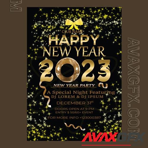 Happy new year flyer 2023 with golden festive decor