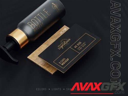 PSD floating business cards mockup scene with cosmetic bottle perspective view