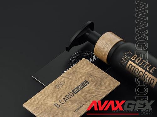 PSD luxury logo mockup on wooden business card and cosmetic bottle with foil effects