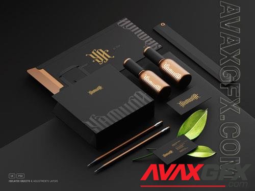 PSD cosmetic stationery set branding mockup with paper bag bottles envelope and business cards