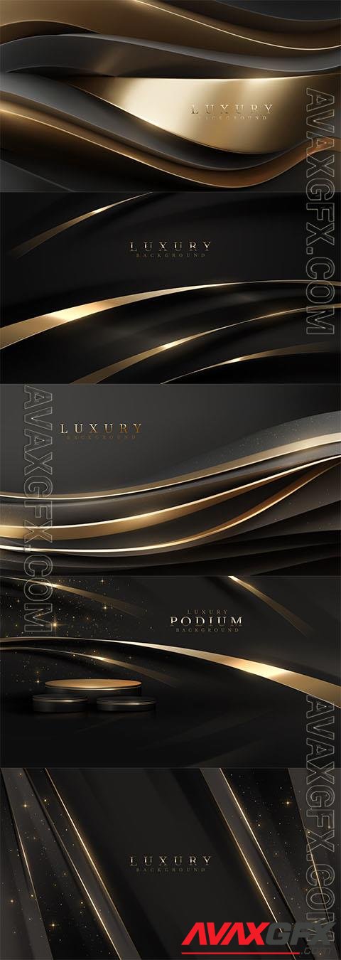Black luxury background with golden curve elements and glitter light effect decoration