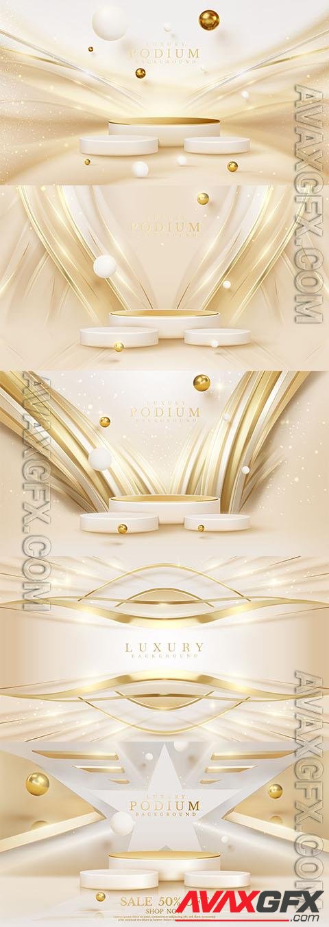 Vector podium with gold curve line with geometric shape element with light effect