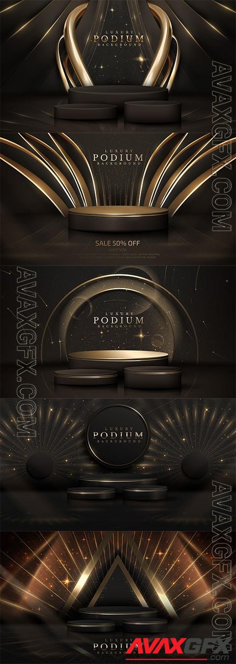 Podium with golden curve line decoration and glitter light effect elements and stars