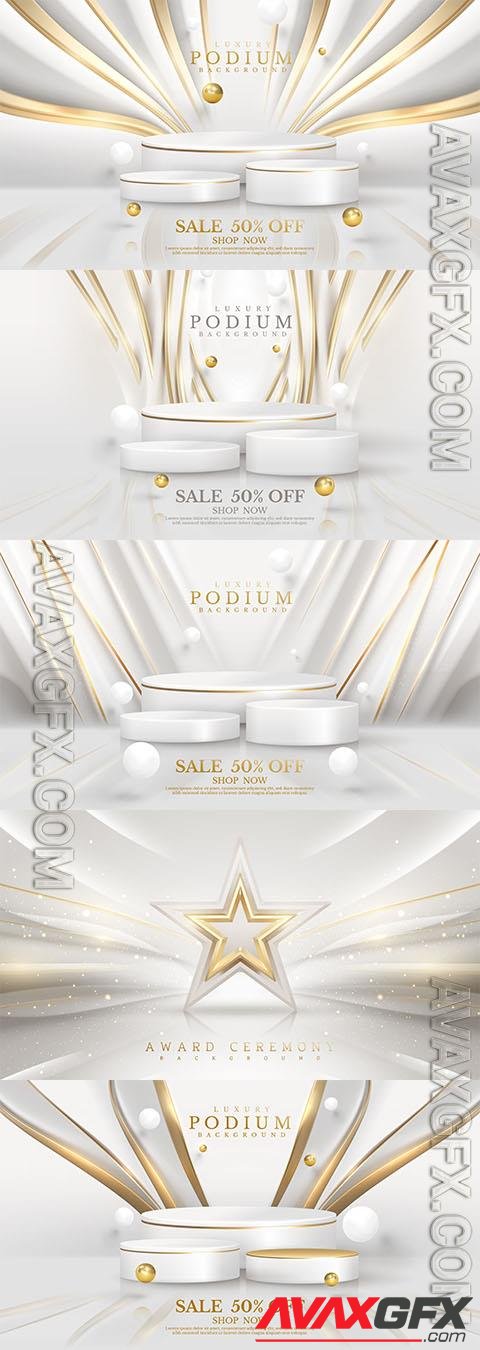 Vector 3d white product display podium background with gold line decoration and balls elements