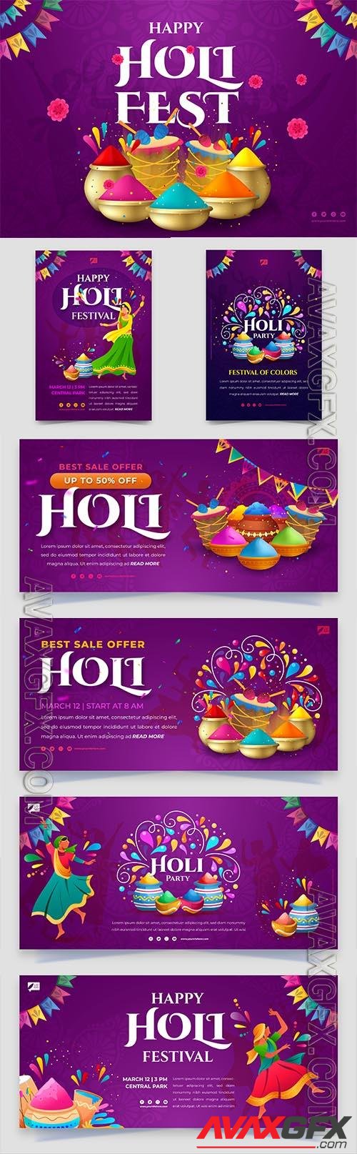 Vector gradient holi festival celebration horizontal banner template