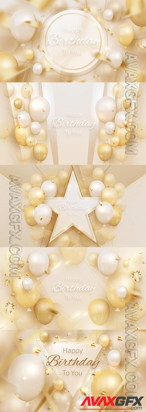 Vector happy birthday card with luxury balloons and ribbon 3d style realistic on cream shade background