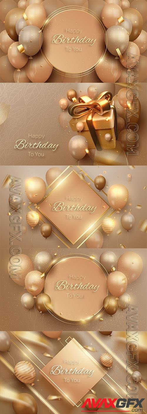 Vector happy birthday card with luxury balloons and ribbon 3d realistic style