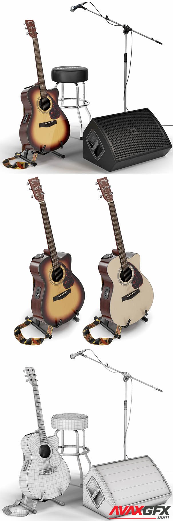 Guitar set for stage Musical instrument Microphone 3D Model