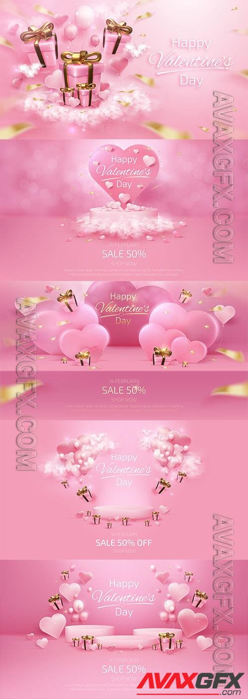 Vector valentines day background with element balloons, gift box, heart shaped cloud